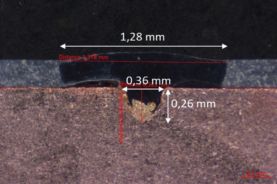 구리-알루미늄 용접의 단면.